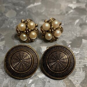 Vintage Gold Pearl Cluster & Textured Disc Earrings Set